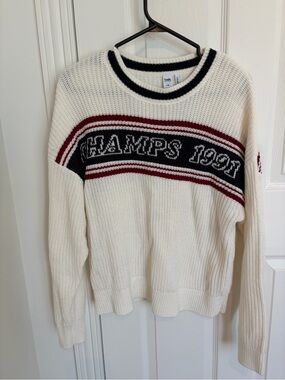 twik Cream Crewneck Sweater with Navy & Burgundy Stripes